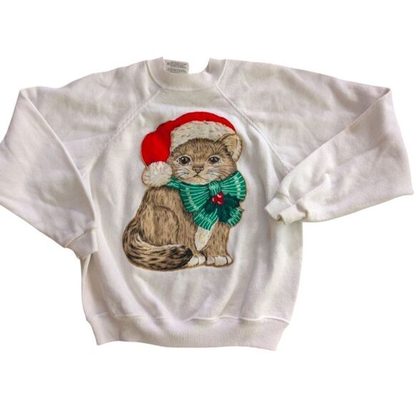 Vintage kids Christmas Kitty cat Holiday‎ sweatshirt size medium 10/12 - Picture 1 of 5